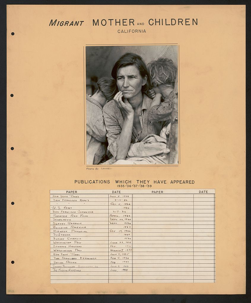 Black and white photograph titled "Migrant Mother and Children, California" featuring a woman with three children, with a list of publications and dates below.