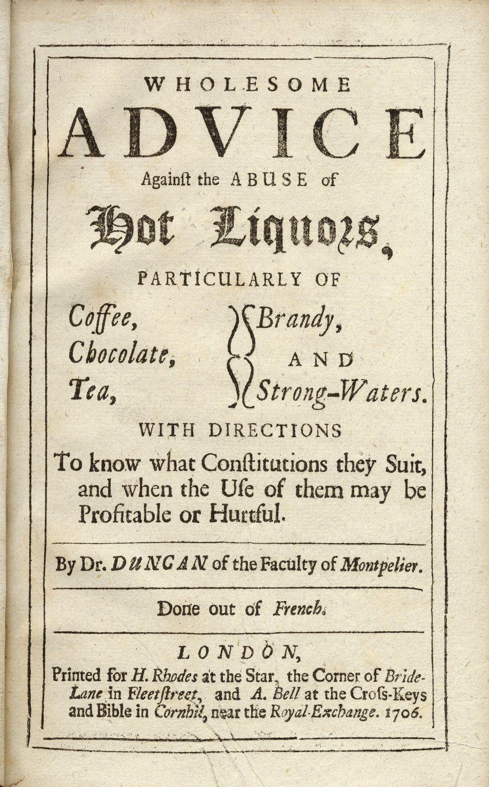 A scan of an old title page, likely from a pamphlet or book, offering advice on the consumption of hot beverages and spirits.