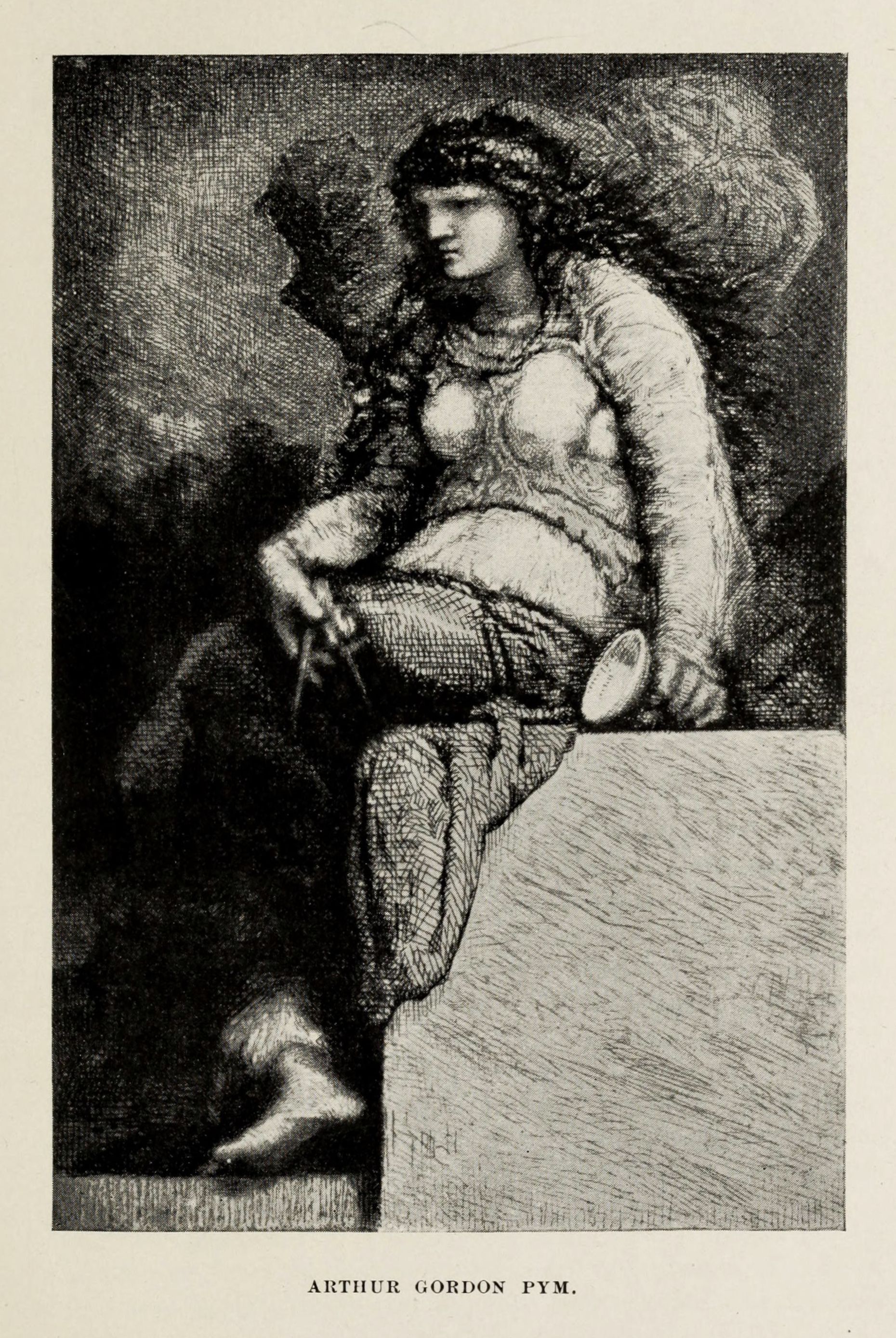 A black and white illustration of a person seated on a blocky surface, holding a small round object, with a large hat behind their head. The background is filled with dense lines and shading. The text "ARTHUR GORDON PYM" is printed below the image.