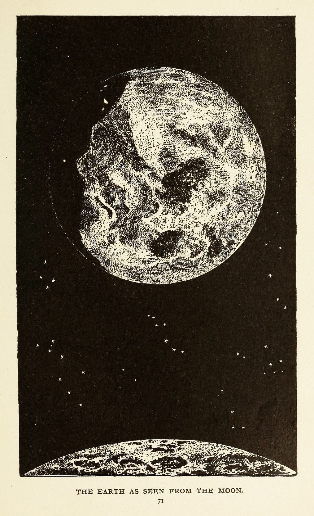 Vintage illustration of Earth as seen from the Moon, with a stippled effect and a starry background.