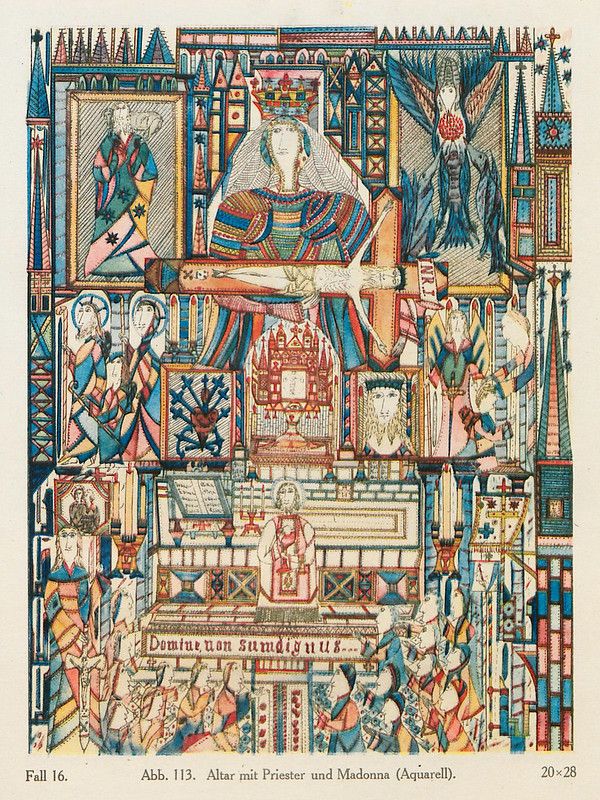 watercolor painting of an altar with a priest and madonna