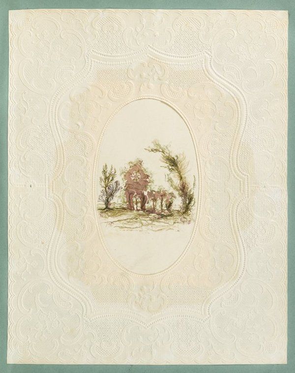 A vintage illustration of a landscape scene within an oval frame, set against a heavily textured, ornate background.