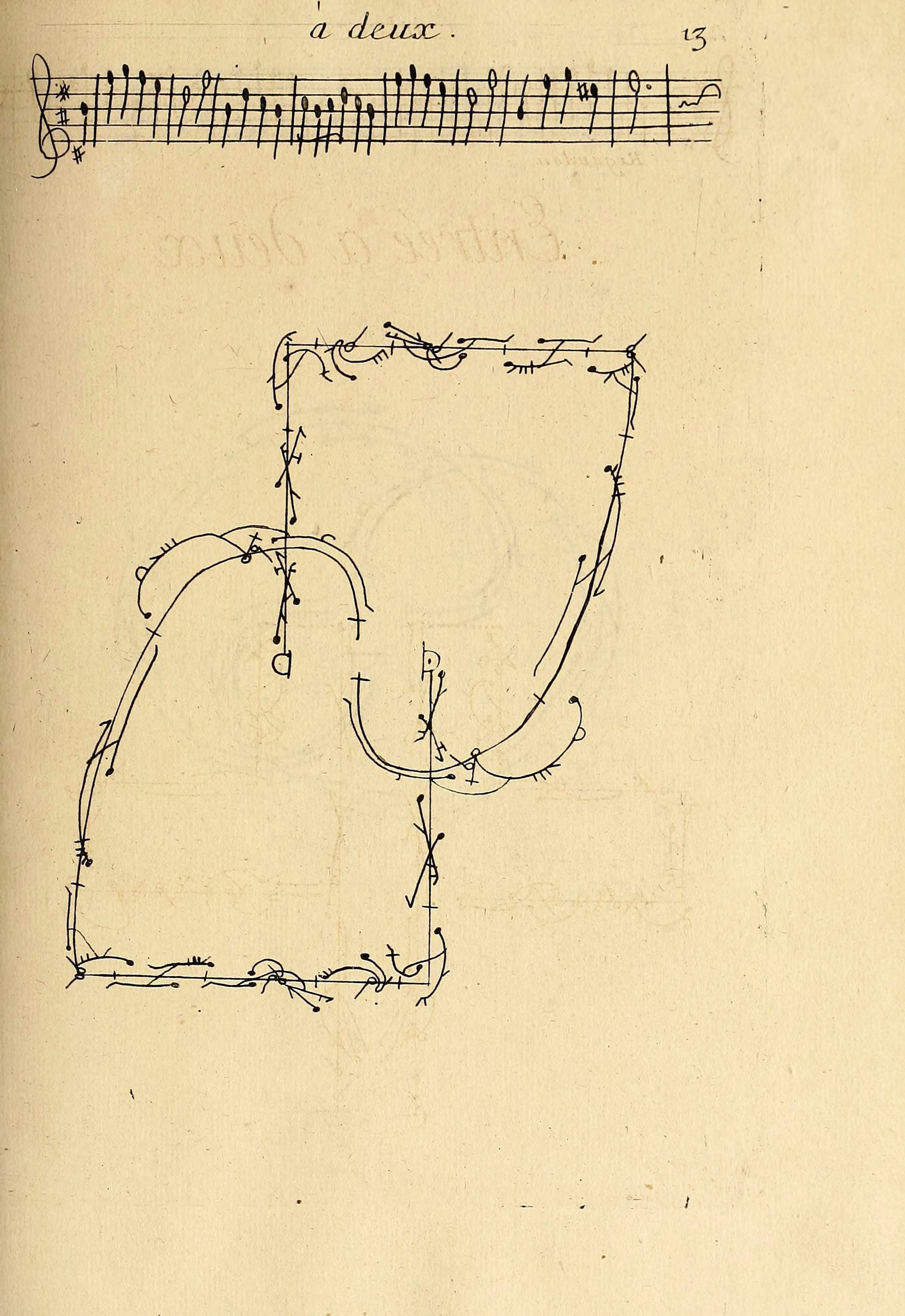 Vintage musical score page with hand-drawn diagram of a castle-like structure.
