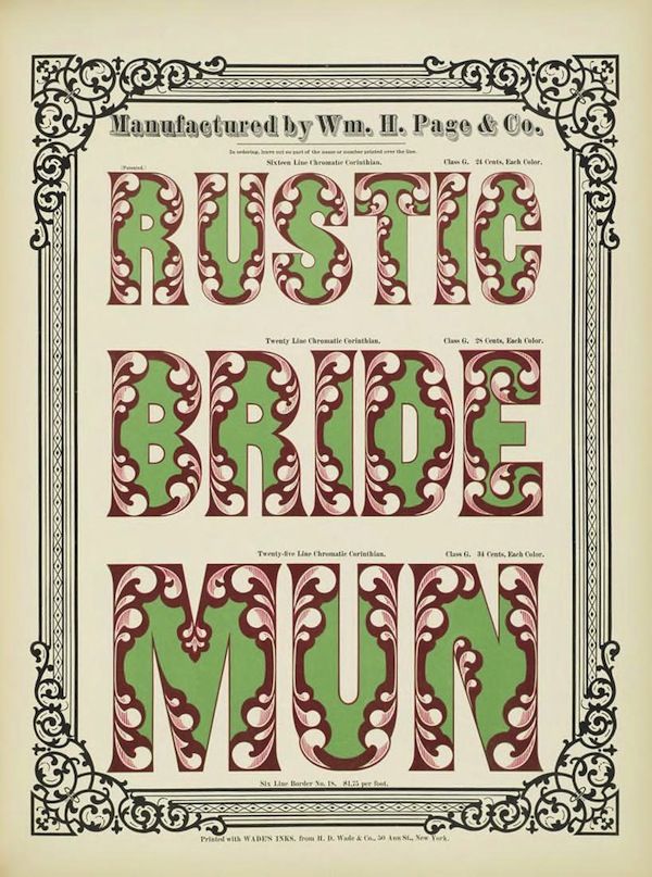 A vintage chromolithograph advertising “Rustic Bride Mum” manufactured by Wm. H. Page & Co. The image features ornate, three-dimensional lettering in shades of green, red, and brown, stacked vertically and framed by an elaborate border of swirling floral and leaf motifs.