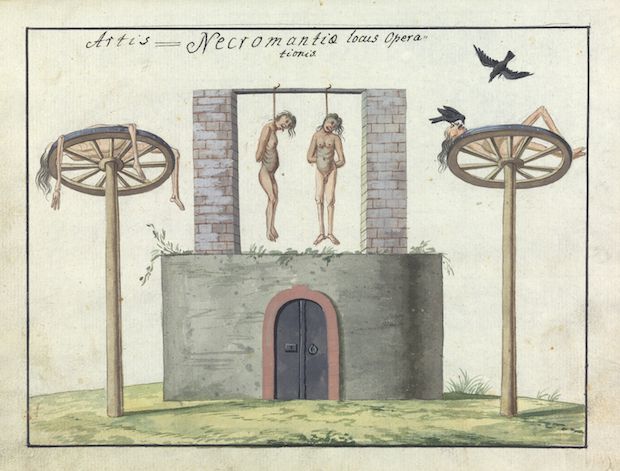A disturbing image of a ritualistic execution or torture. Two nude figures are suspended by ropes from a stone structure, while two others are suspended within large wooden wheels. A black bird flies above the scene.