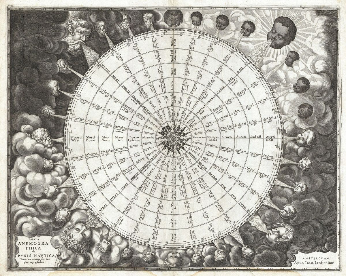 A detailed engraving of a wind rose or compass rose, a nautical chart used for determining wind direction. The central point of the rose is a small circle with Latin text. Radiating outwards are 32 sections, each representing a different wind direction, labeled in Dutch, Latin, and possibly other languages. The directions are arranged in a circular pattern, with the cardinal directions (North, East, South, West) prominently displayed. The outer edges of the rose are adorned with elaborate decorative elements. There are depictions of clouds and numerous cherubic angels, each with wings and flowing robes, arranged around the circumference. The angels appear to be blowing wind, contributing to the thematic representation of wind direction.