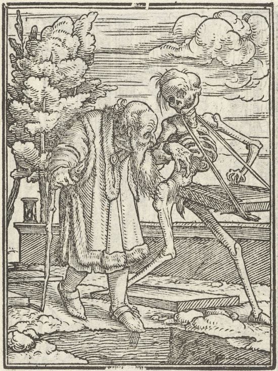 A black and white woodcut print depicting an elderly man being led by a skeletal figure, representing Death.