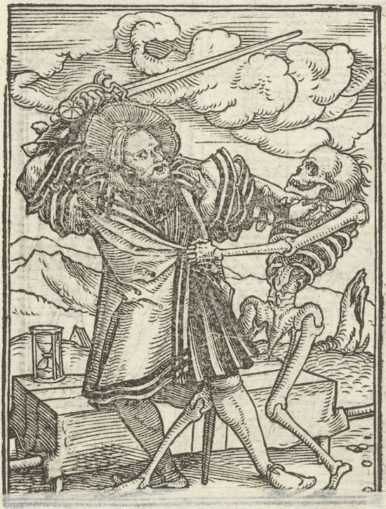 A black and white woodcut image of a man fighting a skeleton with swords. An hourglass sits on a table in the background, and bones are scattered on the ground.