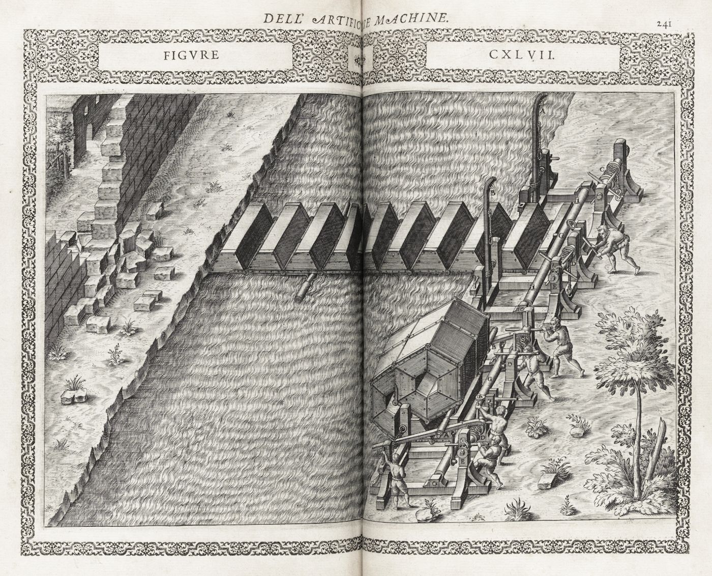 A detailed black and white engraving of a complex mechanical device, likely a siege engine or a large-scale lifting machine, set against a landscape with a fortified wall.