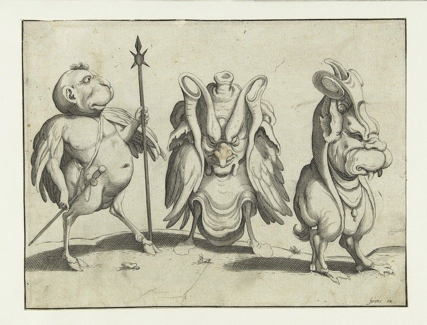 A black and white engraving depicting three grotesque figures. The figures are fantastical creatures with exaggerated features and comical expressions.