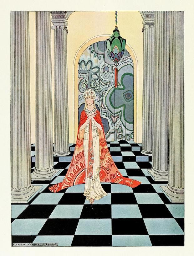 A detailed illustration of a regal figure in a grand hall with checkered floors and ornate columns.