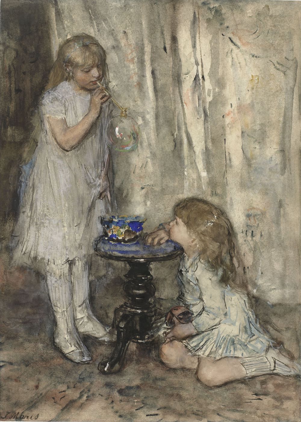 Watercolor painting of two young girls, one blowing bubbles and the other looking at a bowl of goldfish on a table.