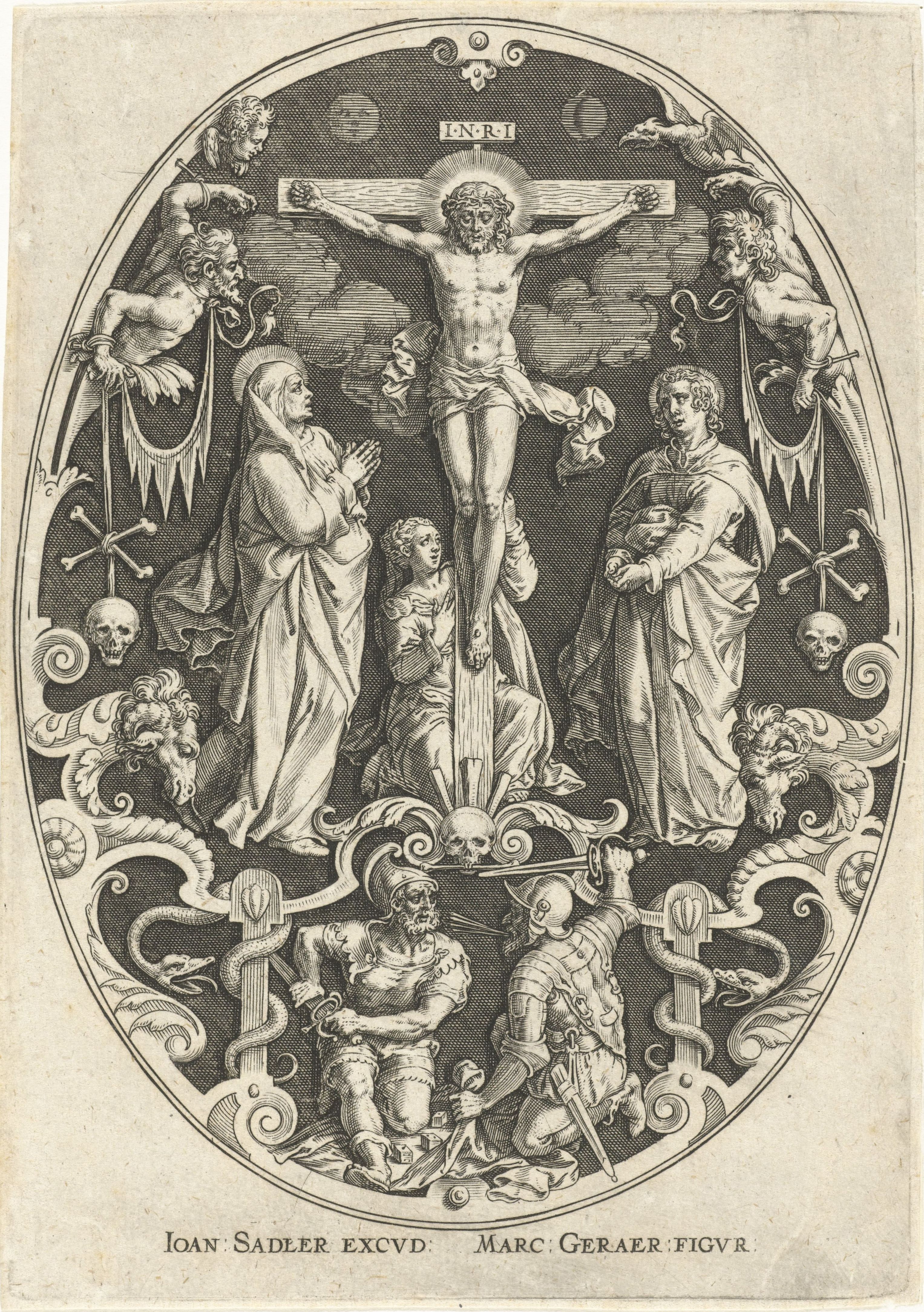 A black and white engraving depicting the crucifixion of Jesus Christ within an ornate circular frame.