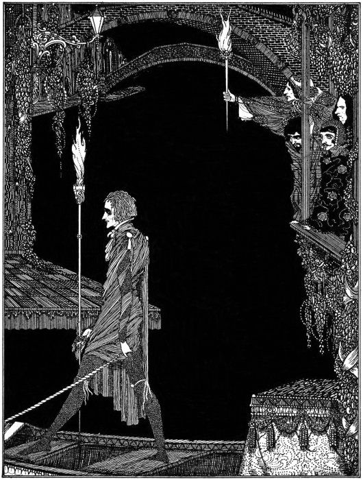 A black and white illustration of a man ascending a stone staircase, being watched by figures from a window above.