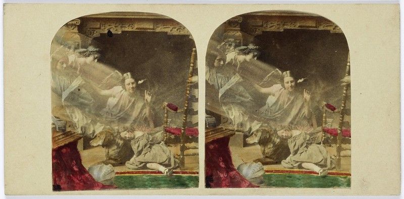 Stereoscopic photograph of a ceremonial scene in a richly decorated room, with a central figure receiving homage from kneeling figures.