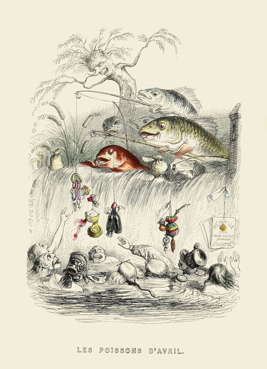 Vintage illustration titled 'Les Poissons D'Avril' (April Fish) depicting people being 'fished' up by large fish and a lobster.