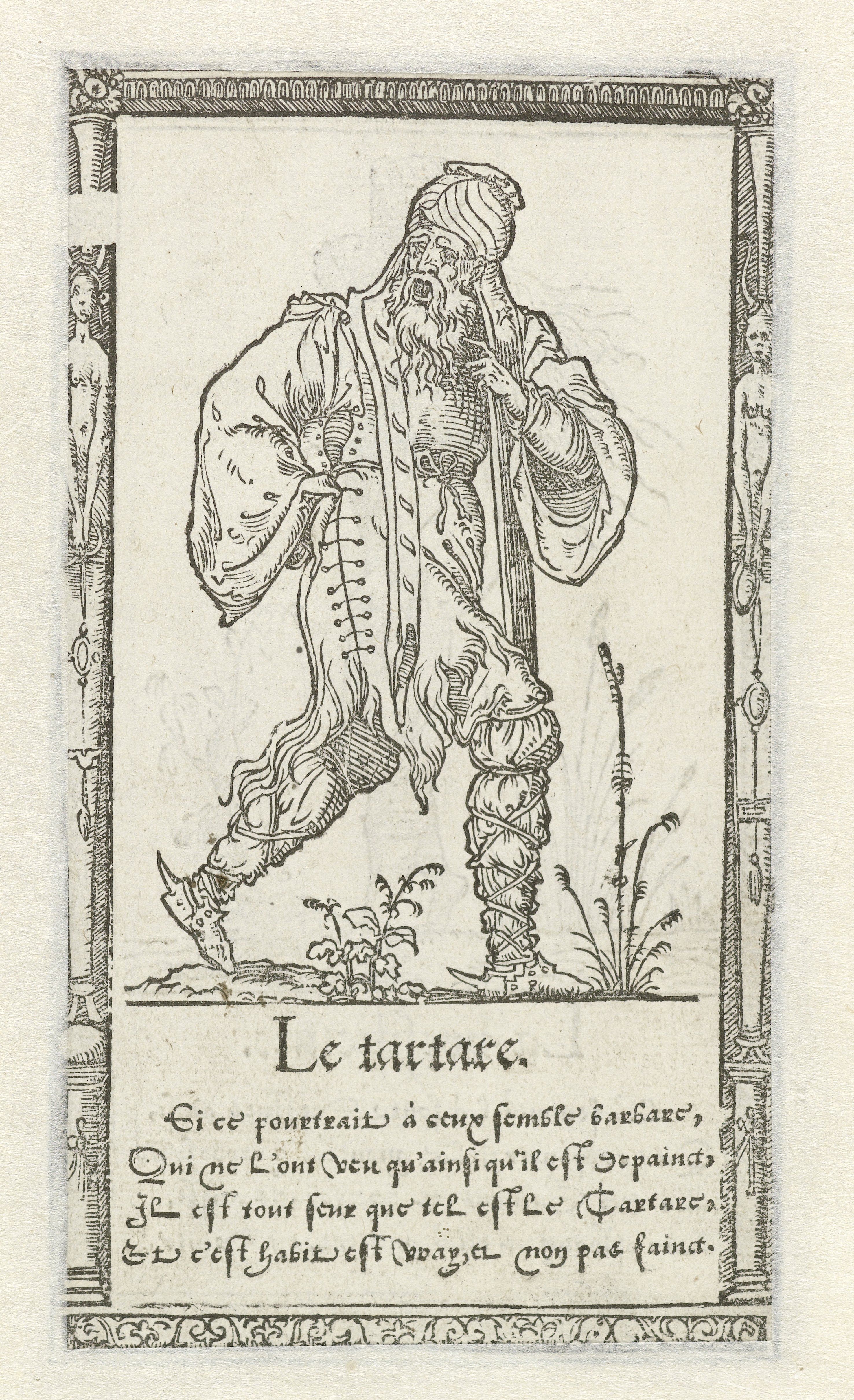 A black and white engraving of a man in historical clothing, examining something on the ground, framed by an ornate border with text below.