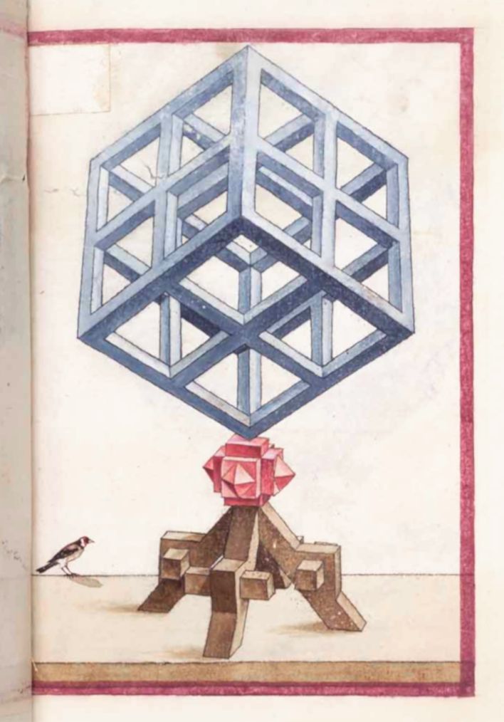 A vintage illustration of a complex geometric cube structure with a bird and a gem.