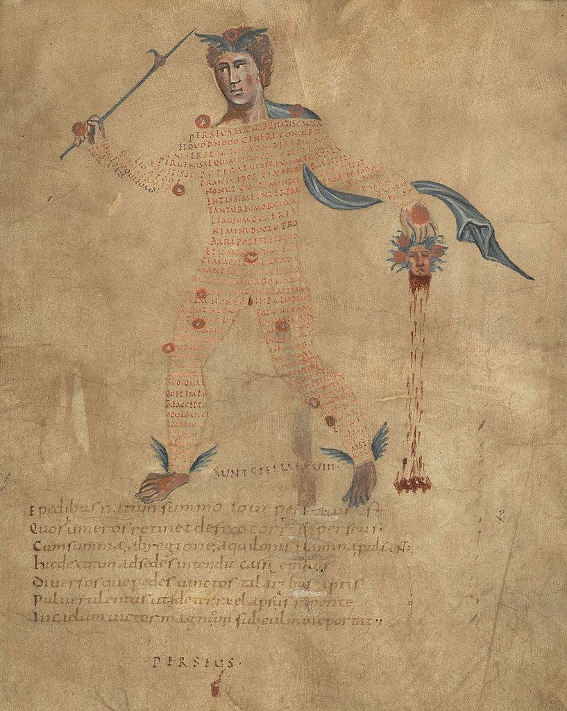 Medieval illuminated manuscript page with a central figure, severed head, birds, and dense Latin text.