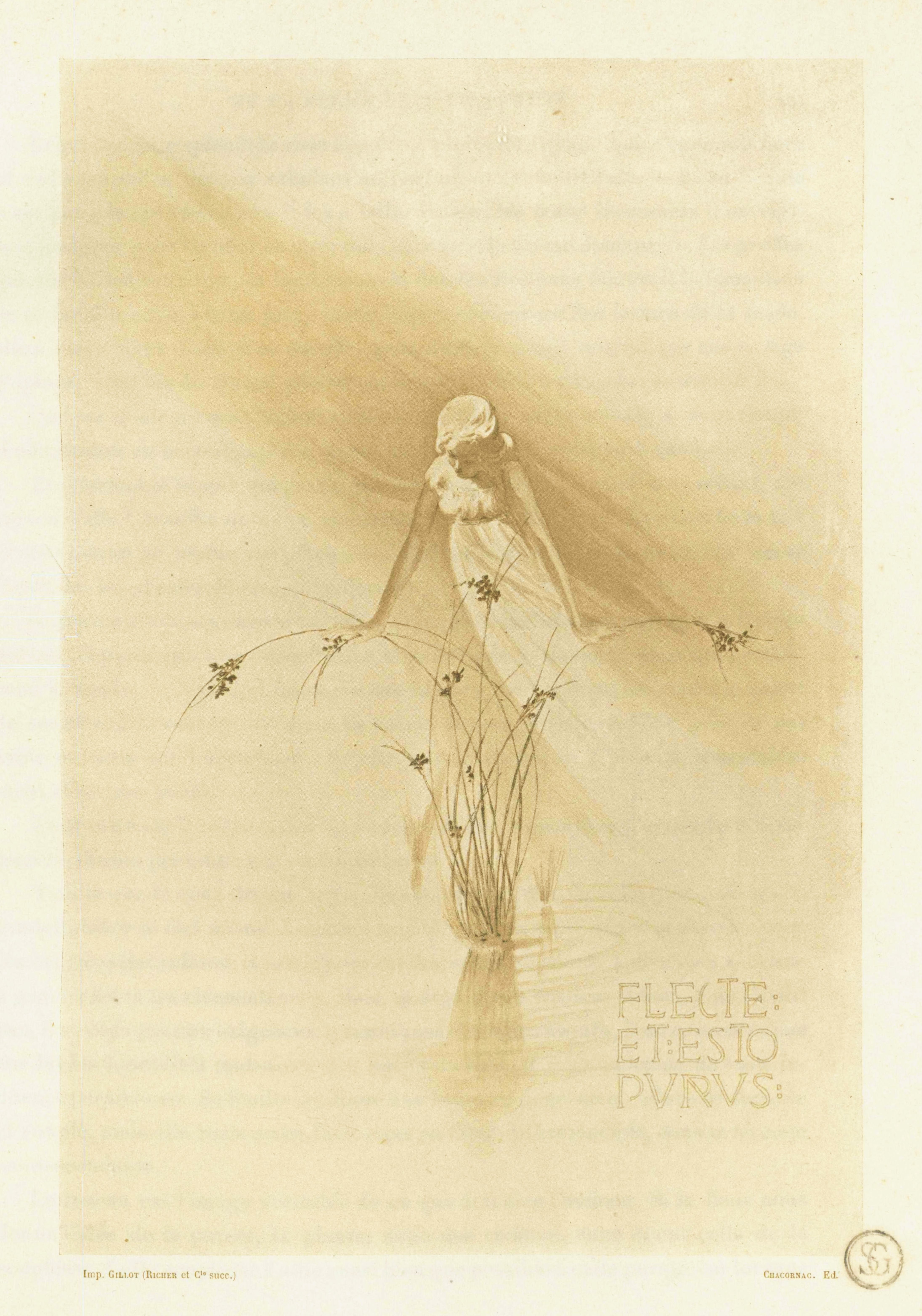 A sepia-toned illustration of a woman holding flowers with text on the right.