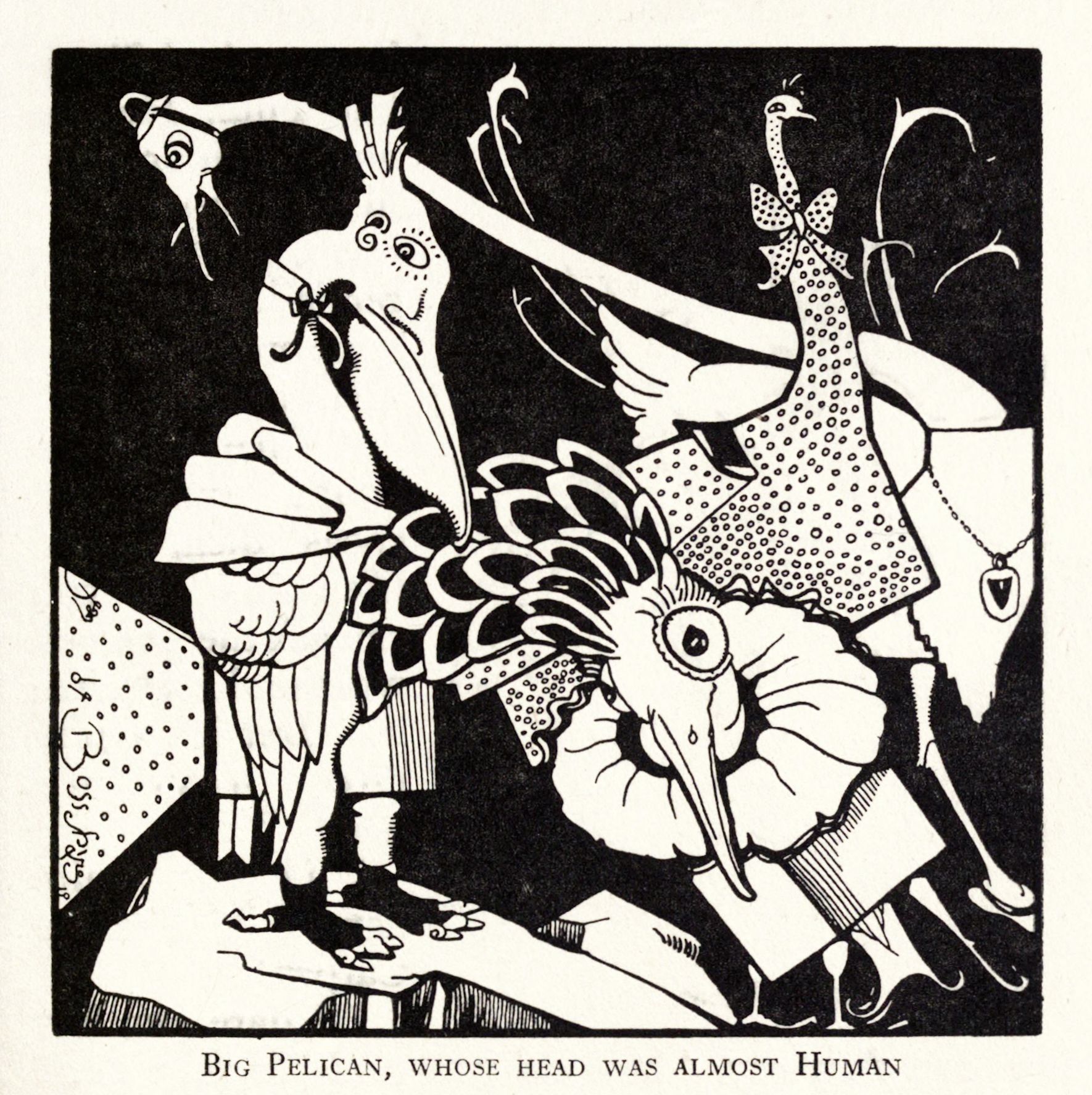 A black and white illustration of a large pelican with a human-like head, dressed in a patterned dress and hat, surrounded by other pelicans with human features.