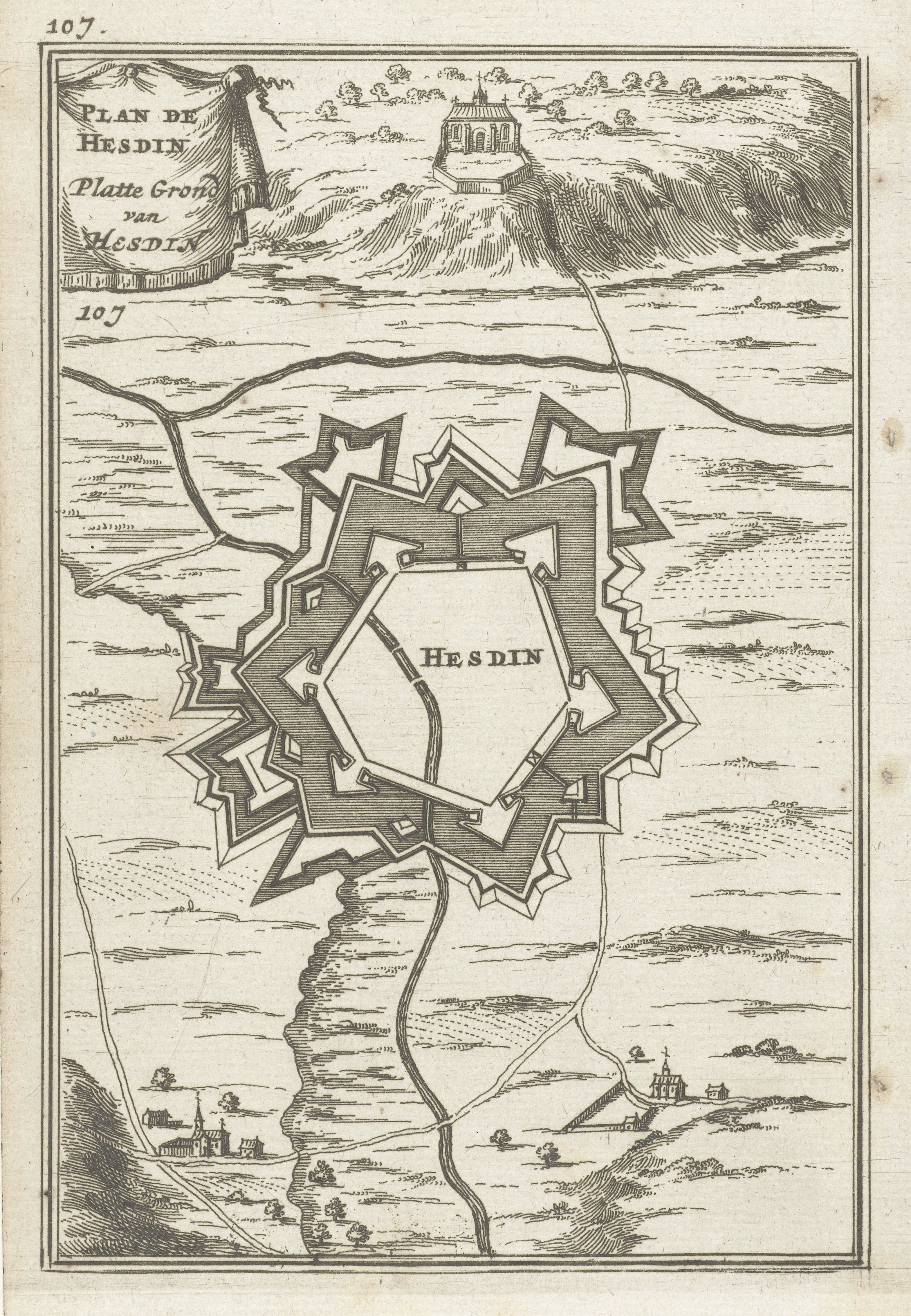 Vintage map of Hesdin, a fortified town with a star-shaped fortification, a winding river, and surrounding landscape.