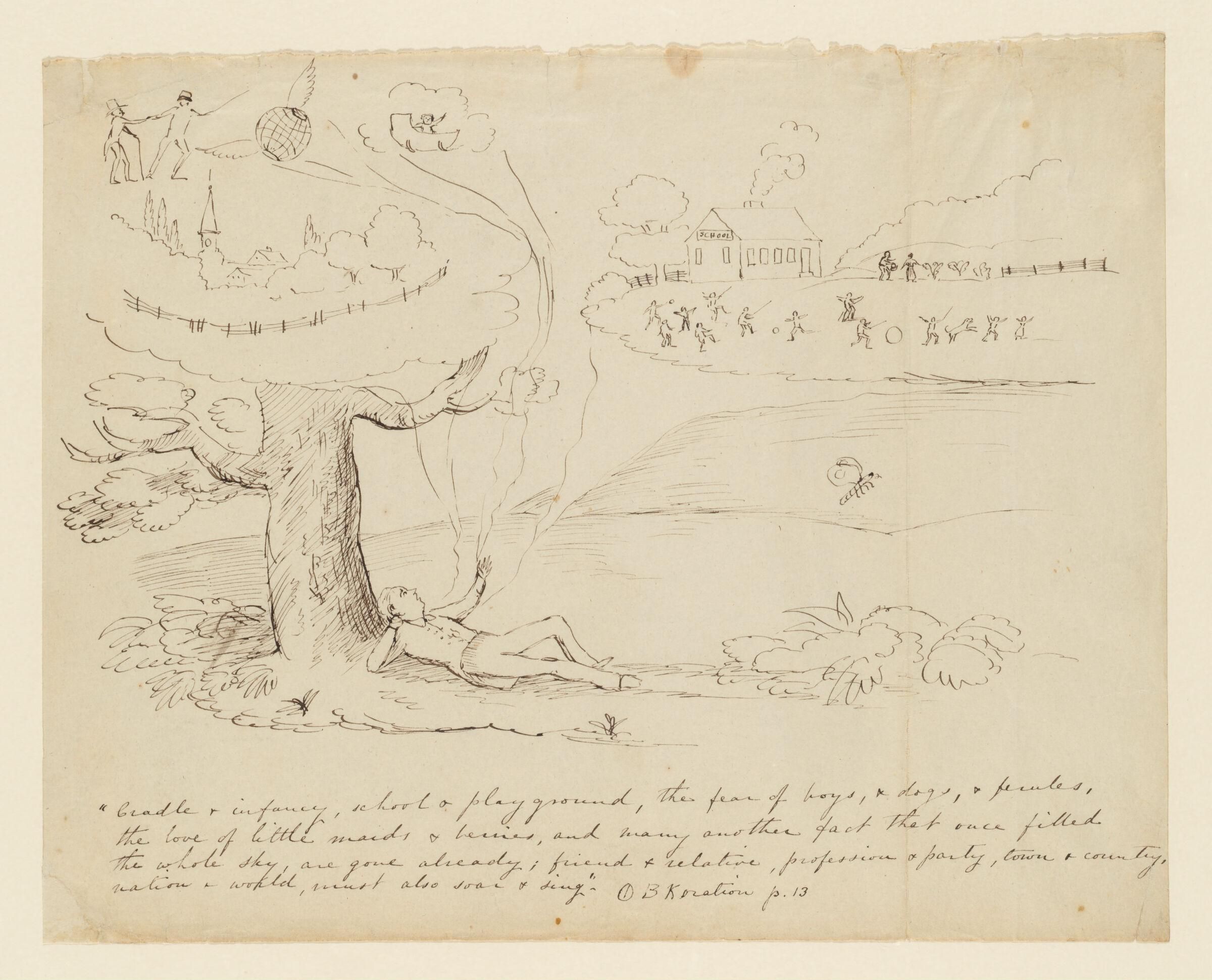 Sepia-toned sketch of a landscape with a tree, boy, dog, and birds.