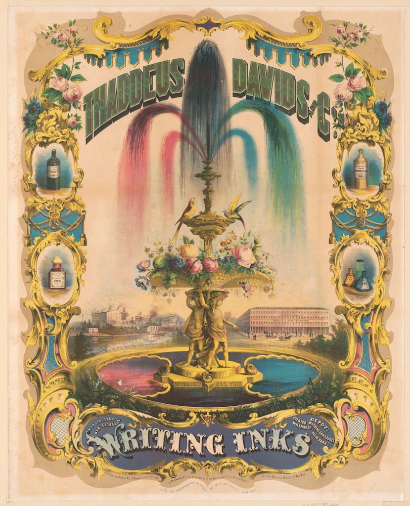 Vintage lithograph advertising Thaddeus Davids' Writing Inks, featuring a colorful fountain, city landscape, and ornate border.