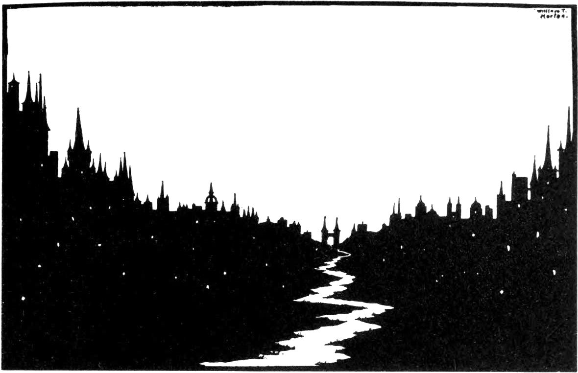 A black and white illustration of a gothic cityscape with a winding river flowing through it.