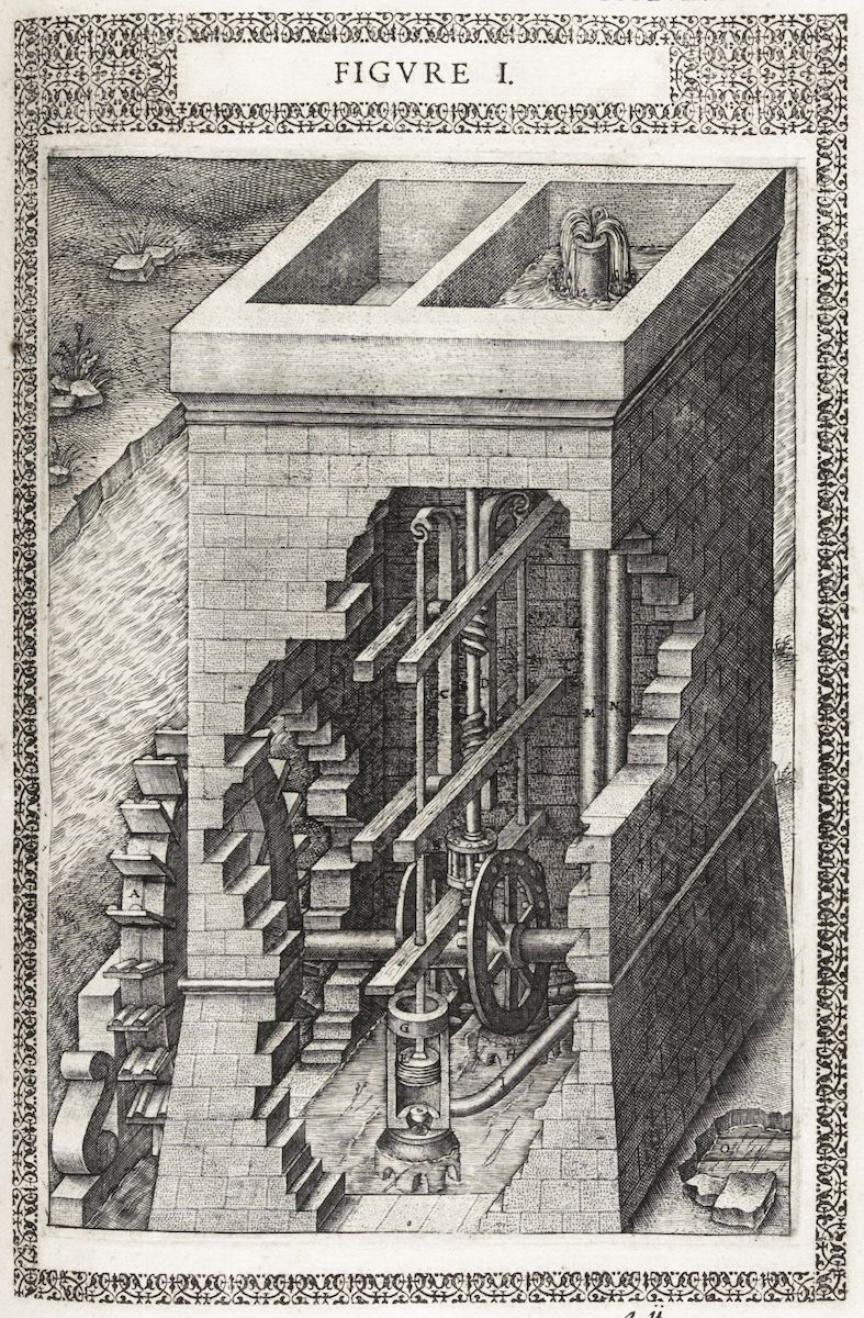 A detailed black and white engraving titled 'FIGURE I' depicting a complex mechanical structure with looping staircases and intricate details.