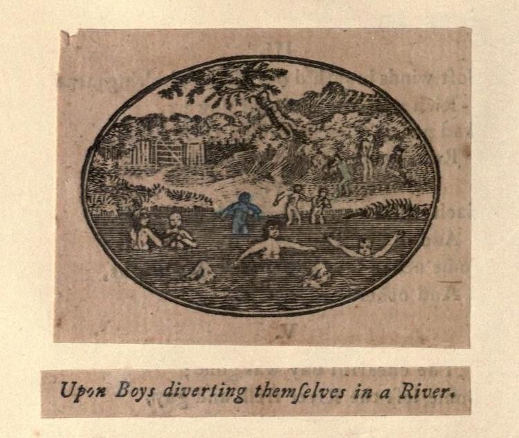Vintage engraving of boys swimming and playing in a river, with a landscape background and a caption below.