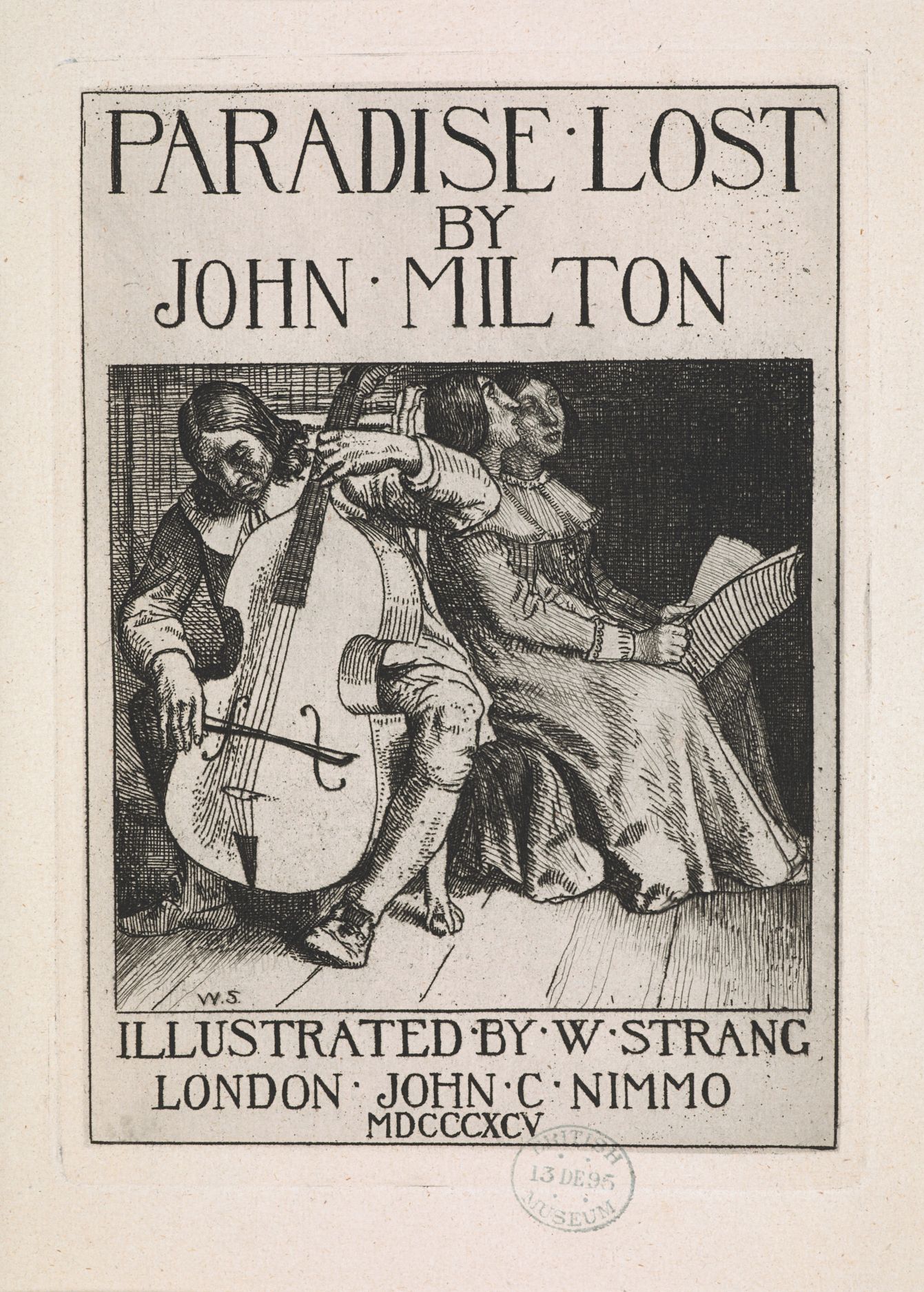 Book cover for 'Paradise Lost' by John Milton with an illustration of a man playing the violin and a woman listening.