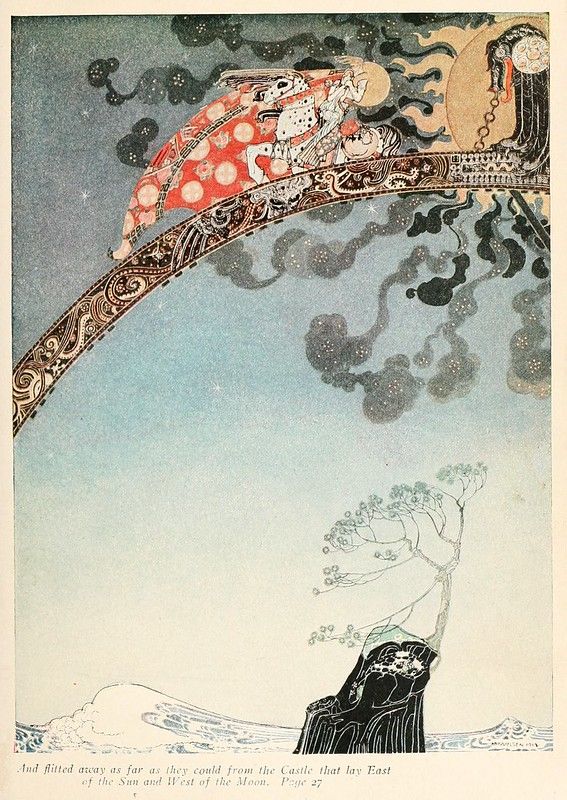 A vintage illustration of a red and gold castle or ship flying through a cloudy sky, with a silhouetted figure standing on a rocky outcrop below.