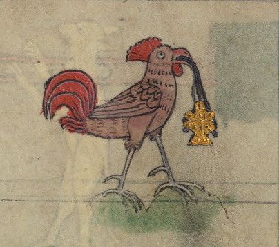 Medieval illustration of a rooster holding a golden cross in its beak.