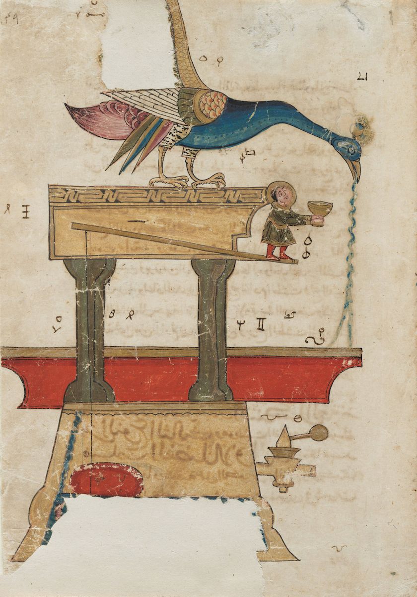 A medieval manuscript illustration depicting a bird hovering over a platform where a person with a halo holds a bowl, above a well.