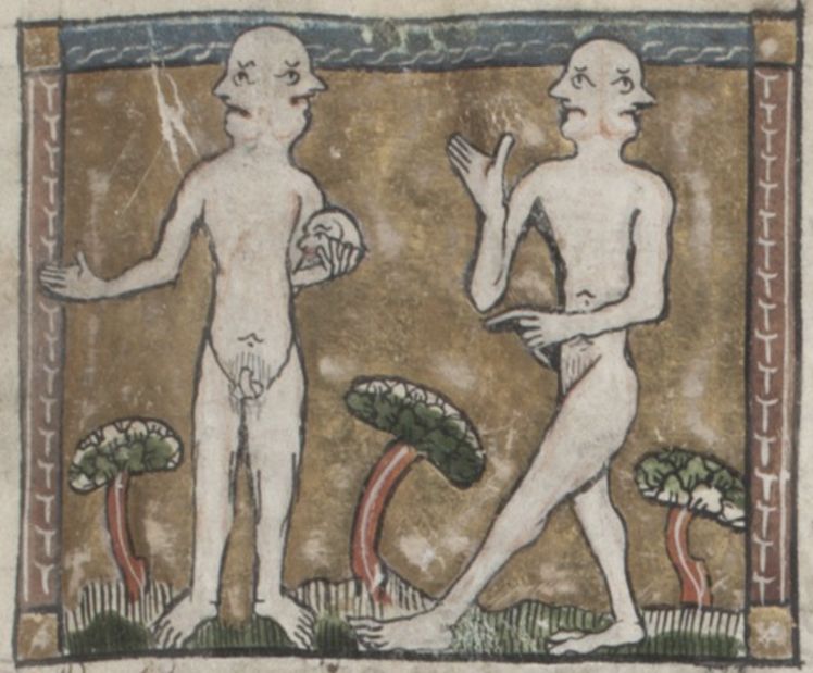 Medieval illustration of two nude figures in a landscape.