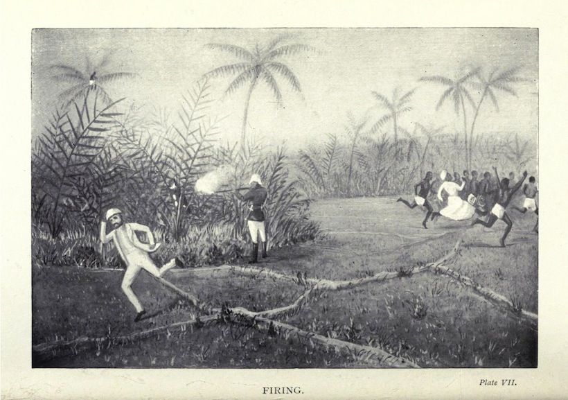 A black and white illustration depicting a chaotic scene with a man running, a soldier firing a gun, and a group of people on horseback fleeing in a tropical landscape.