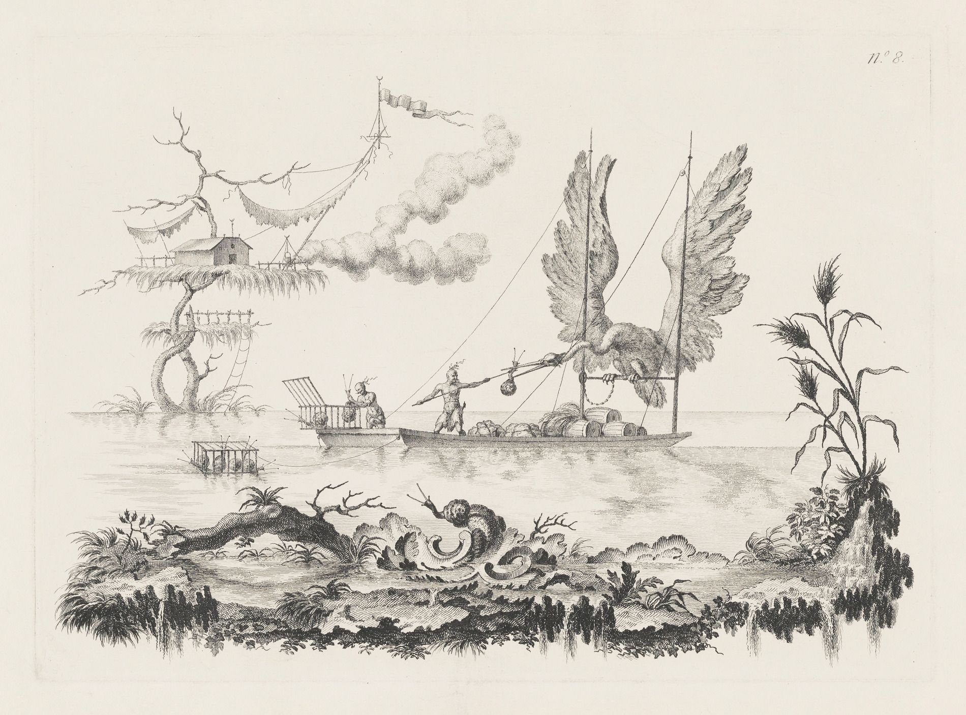 Vintage illustration of a steamboat on a river, with a rowboat in the foreground and a shoreline with trees and buildings in the background.