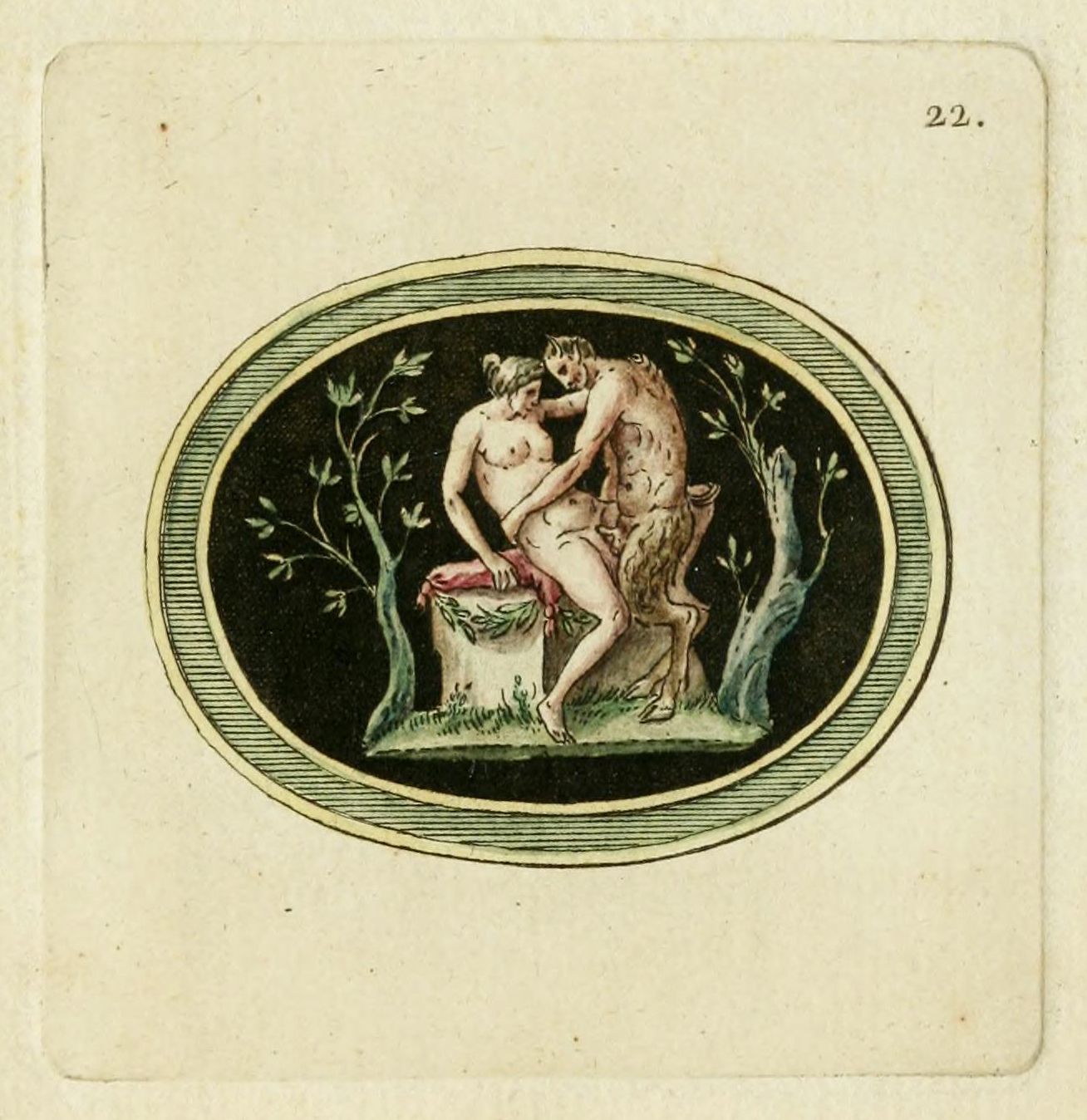 Vintage drawing of a nude couple embracing in a natural setting, framed by an oval border.