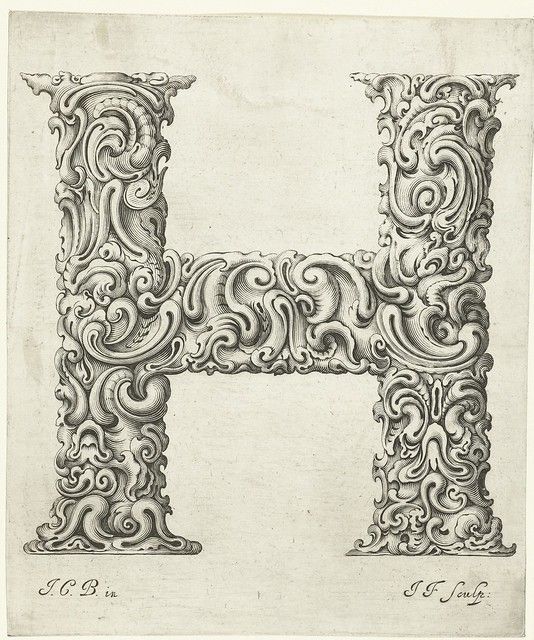 A detailed black and white engraving of the letter 'H' with intricate scrollwork and floral motifs. The letter is highly ornamented with a dense pattern of leaves, vines, and swirling designs. Below the letter, there are two inscriptions: 'I.C.B. in.' and 'I.F. Sculp.'