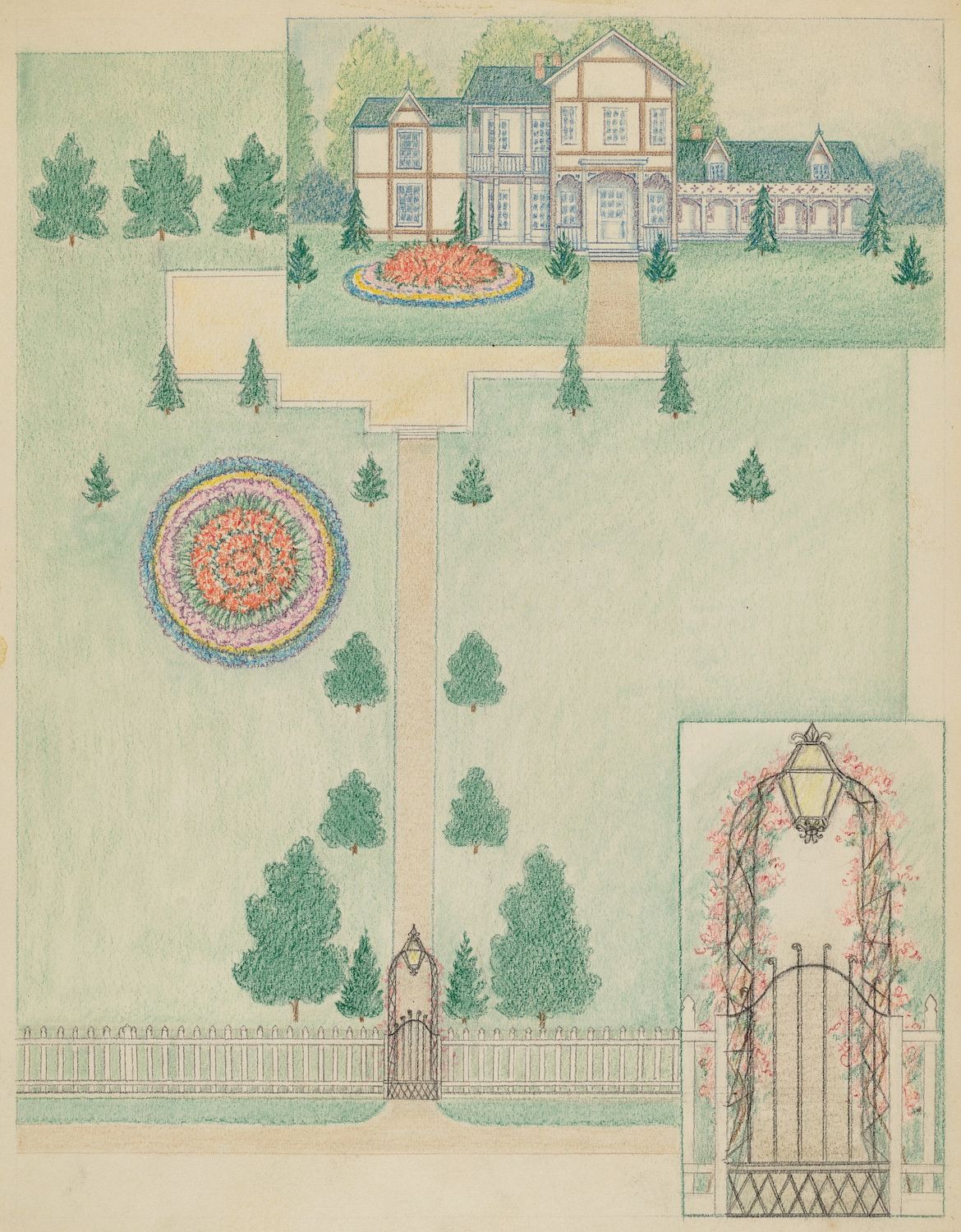 Vintage garden plan illustration of a large estate with a stately house, circular flower beds, trees, a picket fence, and an ornate arbor.