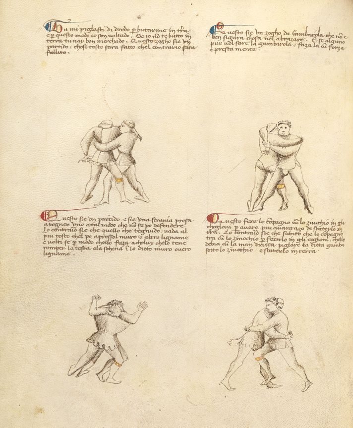 A page from a medieval manuscript with four anatomical sketches of figures in dynamic poses and handwritten text in Italian.