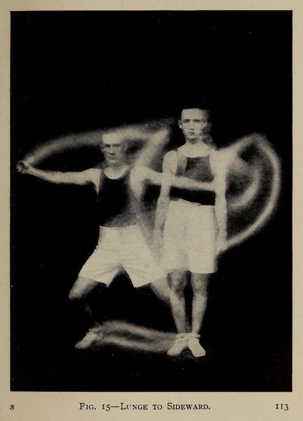 Vintage black and white photograph of a man performing a lunge to the side, captured with a long exposure technique.