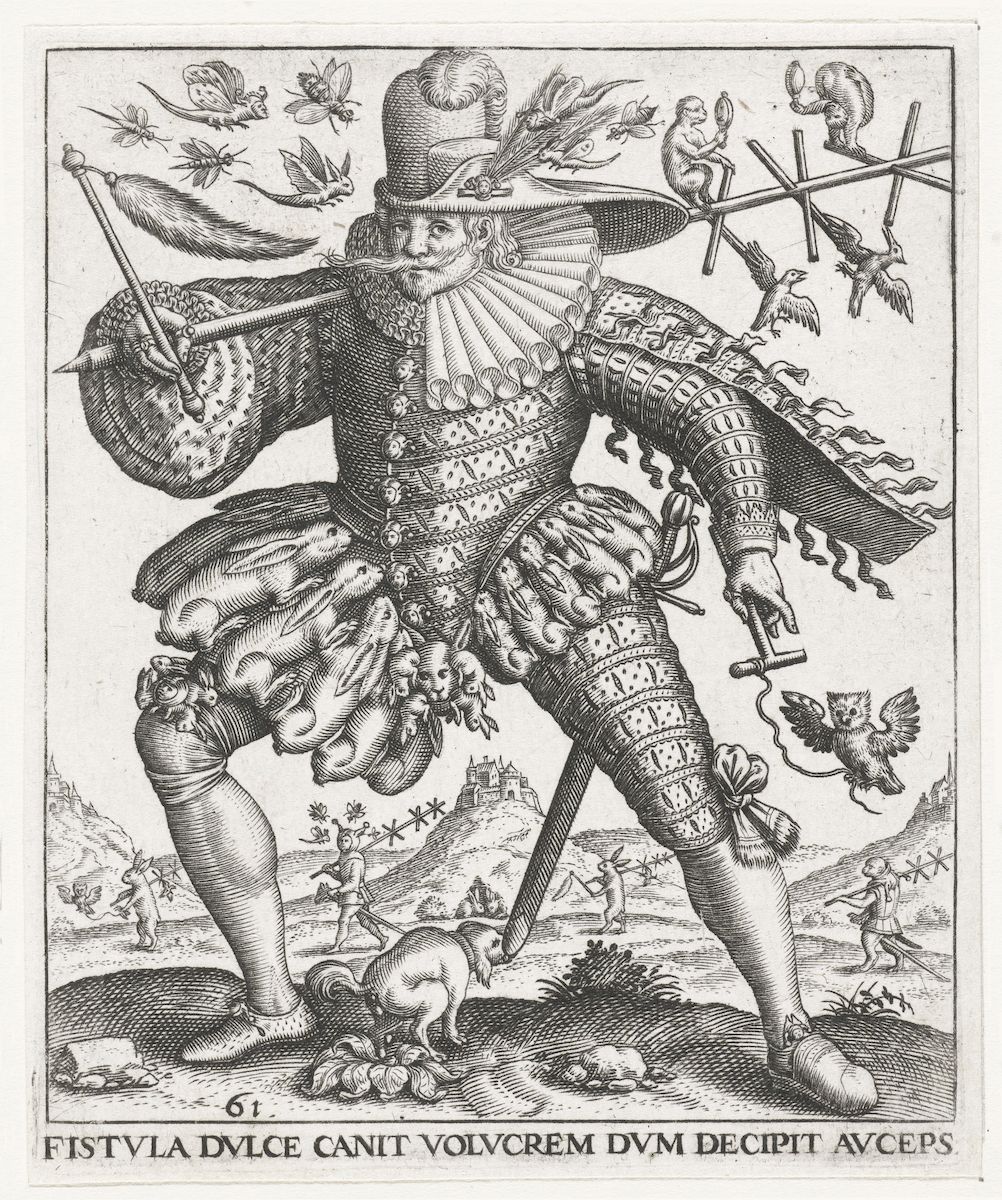 A detailed black and white engraving of a man in Renaissance attire, standing in a landscape with birds, a mouse, and small figures.