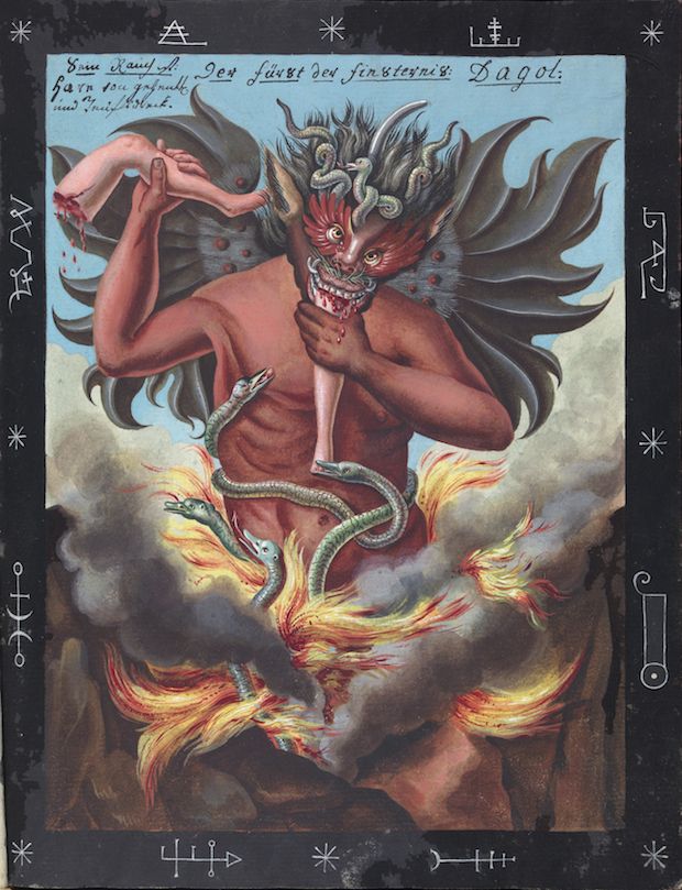 A vintage-style illustration of a crimson demon emerging from a smoky vortex, surrounded by occult symbols and handwritten text.
