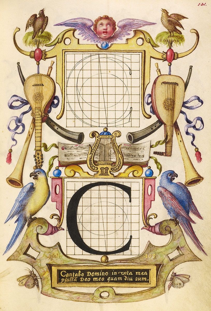 Illuminated letter 'C' with musical instruments and parrots.