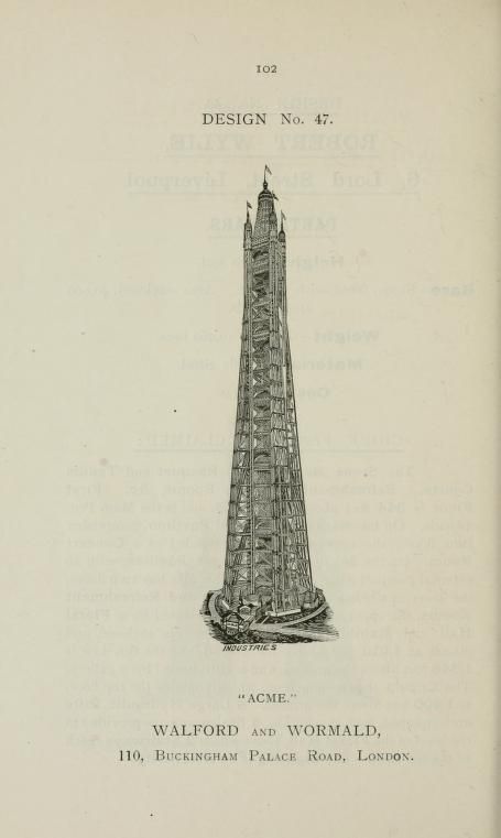 Vintage illustration of a tall, slender tower with intricate details and gothic features, labeled 'ACME' and accompanied by architectural firm information.