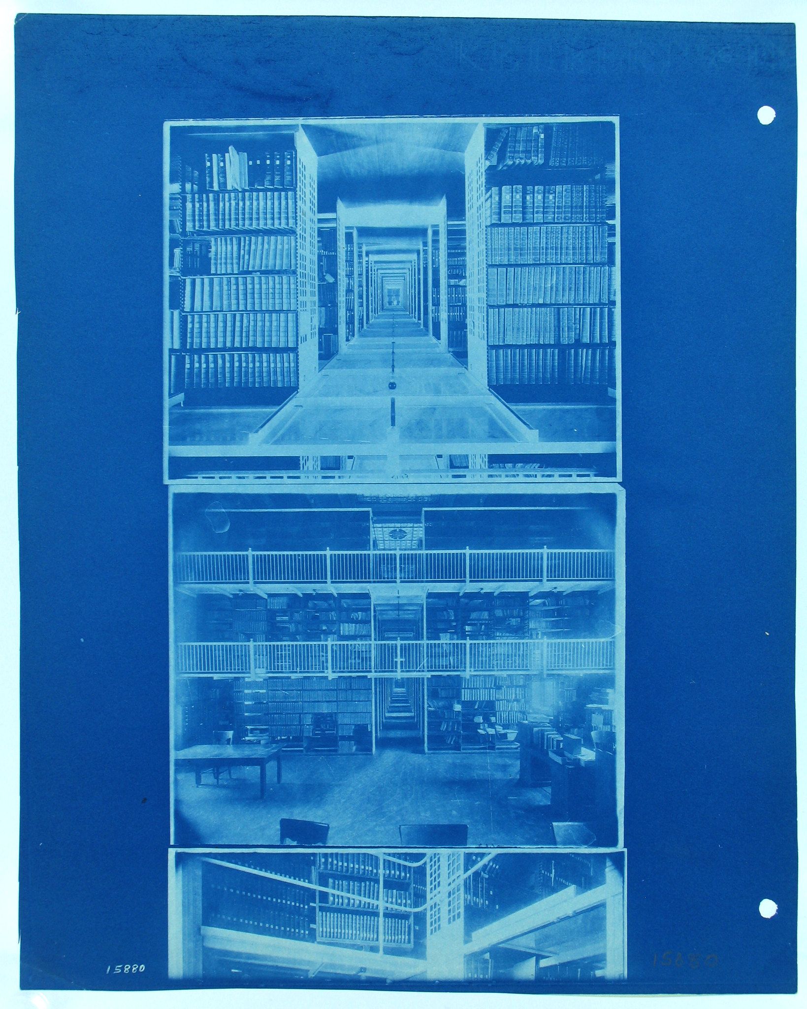 Cyanotype architectural model of a library interior with bookshelves, tables, chairs, and people.