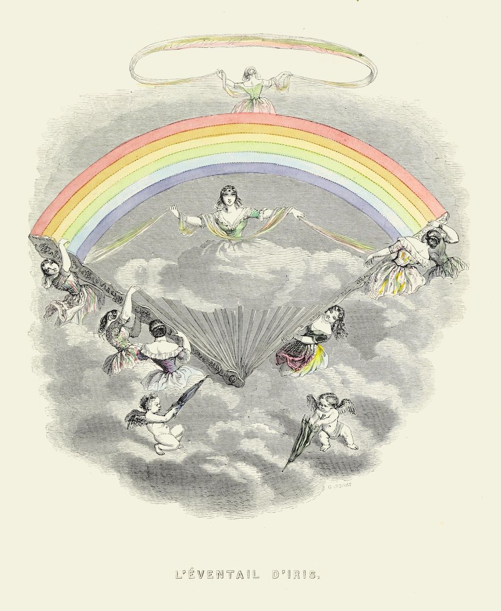 Vintage illustration of a rainbow with angelic figures and cherubs, titled 'L'EVENTAIL D'IRIS'.