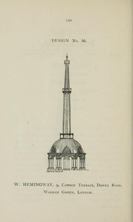Vintage architectural design of a tower on a dome-like base, labeled 'Design No. 56' with the designer's address below.